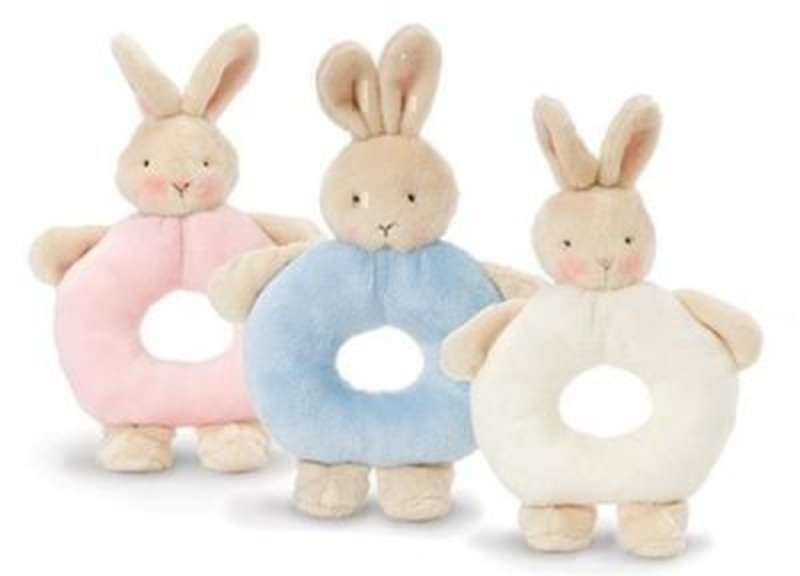 Choice of 3 Bunny Rabbit Ring Rattles by Deva Designs. Part of the Bunnies by the Bay Range distributed by Deva Designs. Choice of 3 pink, blue and cream if preference please specify choice when ordering. Soft touch plush bunny rabbit ring rattle. Siz